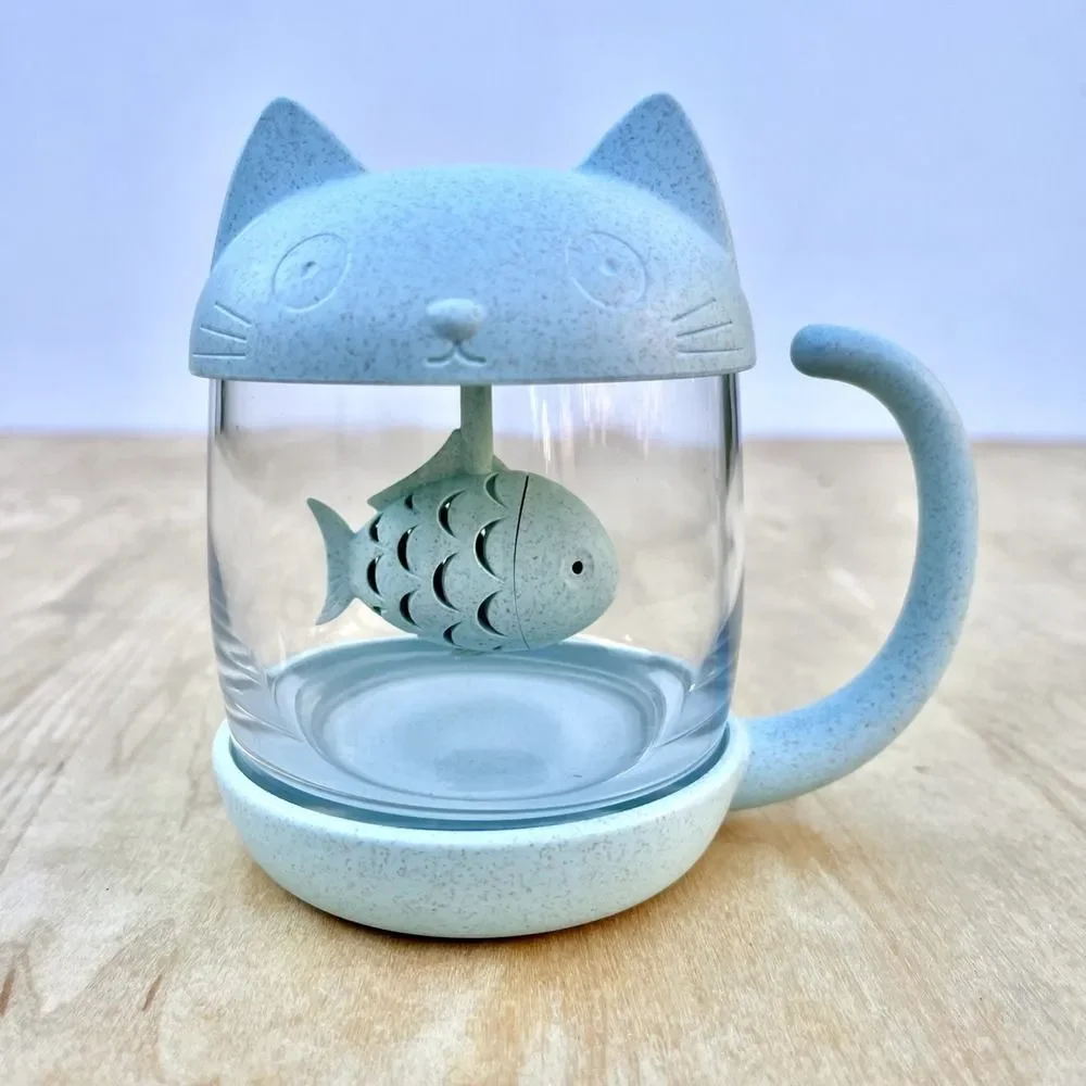 Cat Glass Cup Tea Mug With Fish Tea Infuser Strainer Filter Blue Kitty Gift